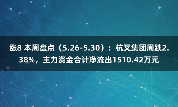 涨8 本周盘点（5.26-5.30）：杭叉集团周跌2.38%，主力资金合计净流出1510.42万元